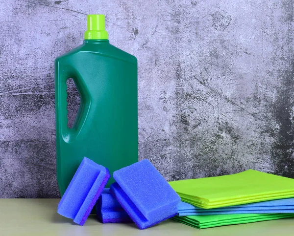 The household cleaning products with a background with copy space