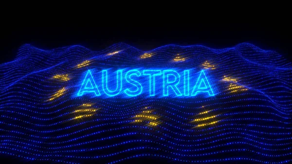 A 3d rendering of a Austria as a European Union country written  in neon letters over an EU flag