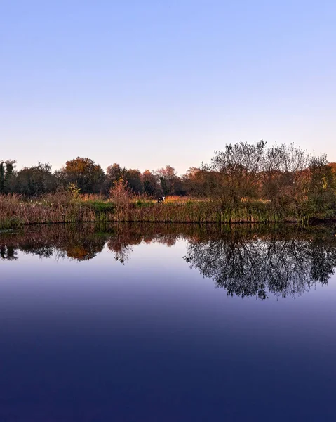 Eine Vertikale Aufnahme Eines Schönen Sees Der Die Bäume Und — Stockfoto
