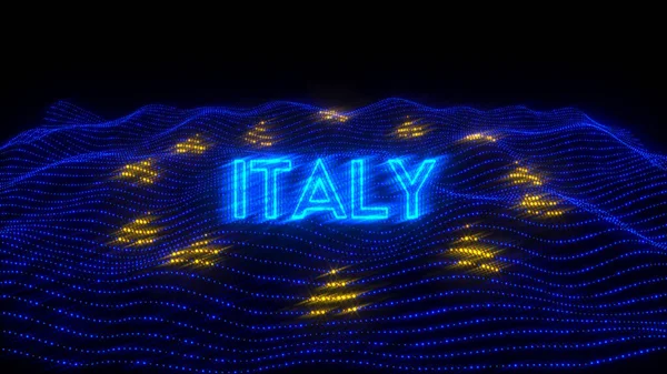 An illustration design of ITALY country in blue neon letters with dark background over an EU flag