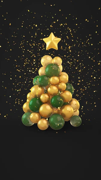 一颗由球体和星星做成的圣诞树 顶部有金光闪闪的金光 背景是漆黑的 — 图库照片