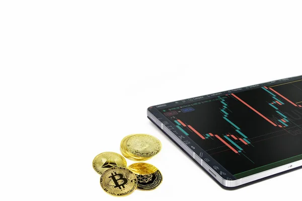 Uma Tela Com Bitcoin Trading Gráfico Forex Moedas Ouro Bitcoin — Fotografia de Stock