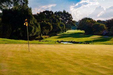 Güneşli bir günde bayraklı büyük sarı bir golf sahası manzarası