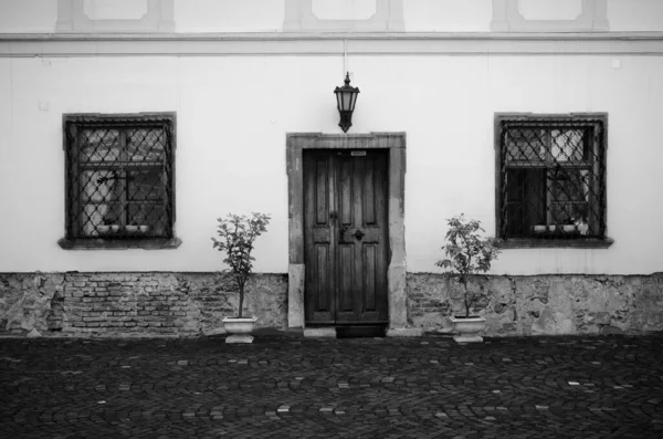 Uma Foto Tons Cinza Uma Fachada Antiga Sibiu Transilvânia Romênia — Fotografia de Stock