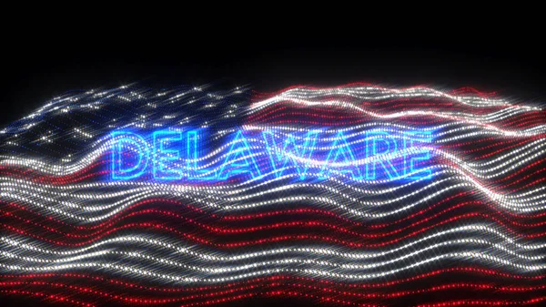 A waving flag of the USA with blue neon letters saying Delaware over a black background