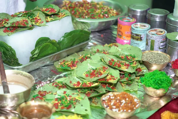 stock image close up photo of a garnished banarasi pan, an indian mouth freshner delicacy made with betel leaves.