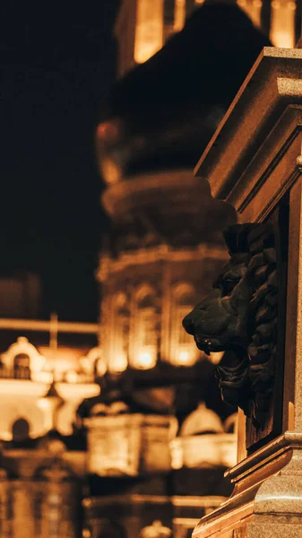 Disparo Vertical Una Estatua Cabeza León Noche —  Fotos de Stock