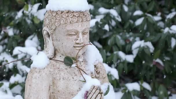 Une Statue Pierre Bouddha Sous Une Chute Neige Hiver Dans — Video