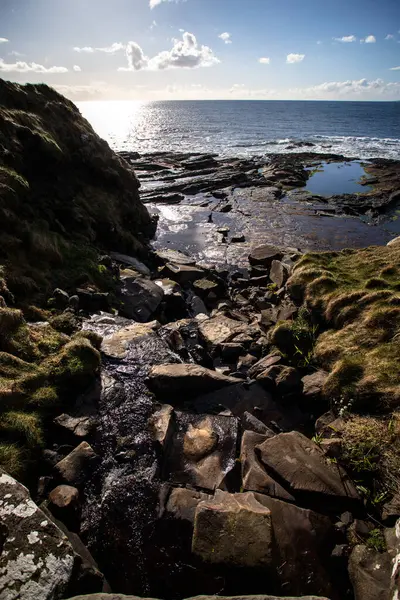 Красивий Пейзаж Зеленої Скелі Біля Океану Сході Сонця — стокове фото