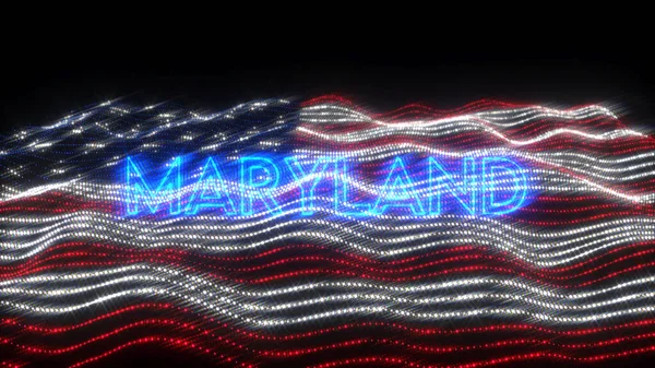 Een Wapperende Vlag Van Met Blauwe Neon Letters Die Maryland — Stockfoto