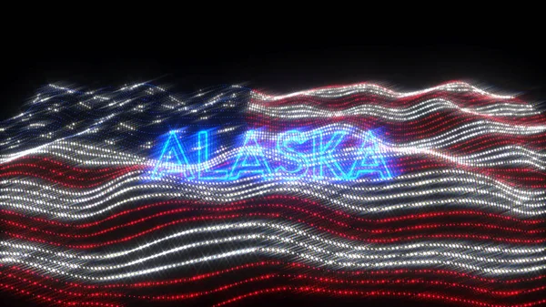 A waving flag of the USA with blue neon letters saying Alaska over a black background
