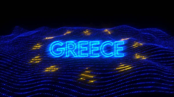 An illustration design of GREECE country in blue neon letters with dark background over an EU flag