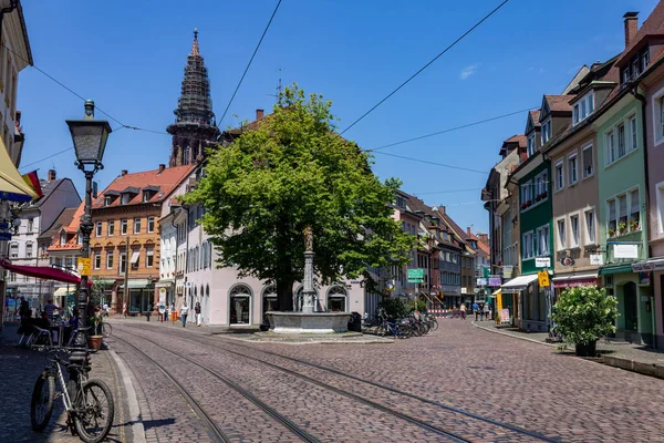 Väg Omgiven Vackra Byggnader Och Träd Centrala Freiburg Tyskland Europa — Stockfoto