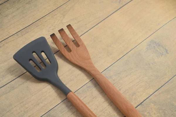 Some Kitchen Utensils Wooden Table Surface — Stock Photo, Image