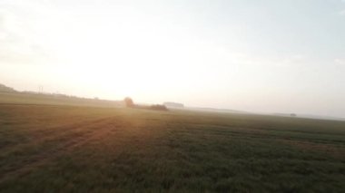 Güneşin doğuşunda rastgele patikaları olan çimenli bir arazide havadan çekilmiş bir fotoğraf.