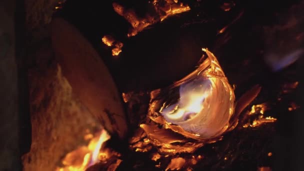 Closeup Shot Burning Wood Stove — Stock Video