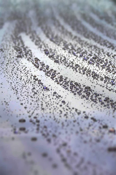Cuadro Completo Gotas Lluvia Sobre Una Superficie Brillante Gris — Foto de Stock