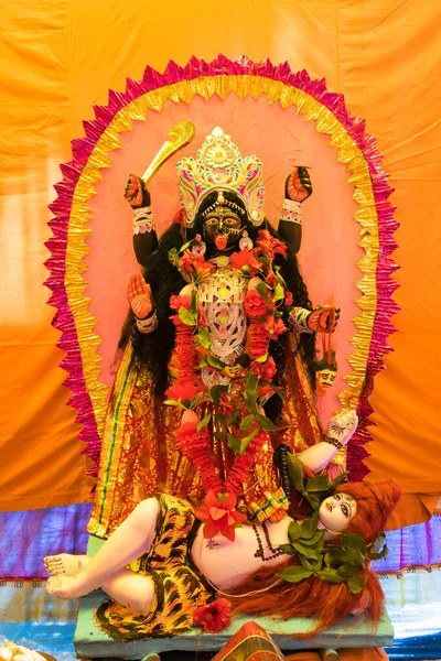 Идол Маа Кали Деревенском Пандале Маа Кали Индуистская Богиня Смерти — стоковое фото