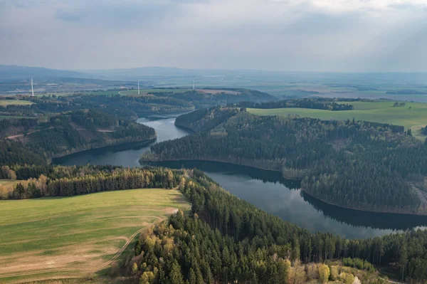 Letecký Pohled Krajinu České Republice Stromy Pole Jezero Nebe Lidé — Stock fotografie