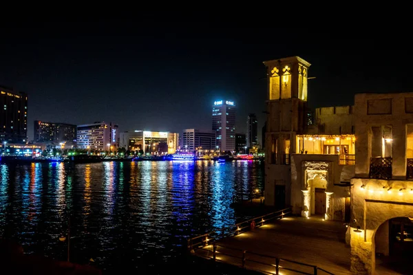 Régi Város Város Között Seef Dubai Patak Éjszaka Egyesült Arab — Stock Fotó