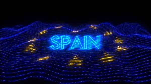 Renderowanie Kraju Hiszpańskiego Neonami Ciemnym Tle Nad Flagą — Zdjęcie stockowe