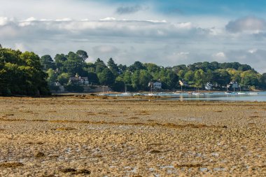 Brittany, Morbihan körfezindeki Ile aux Moines adası, Port-Miquel plajı, gelgitte