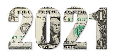 2021 yılı, beyaz arka planda izole edilmiş dolarlarla.