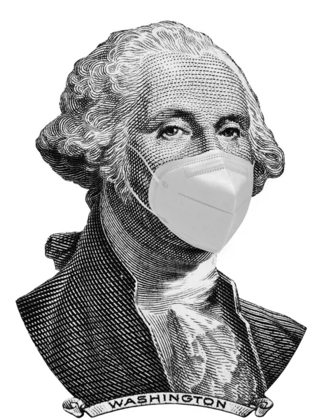 1ドル紙幣から隔離されたマスクを持つワシントンの肖像 経済と健康の概念 — ストック写真
