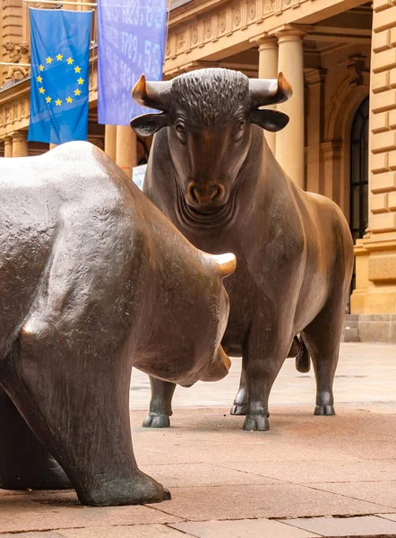 A Metal bear and bull statues in the park in front of Frankfurt stock exchange