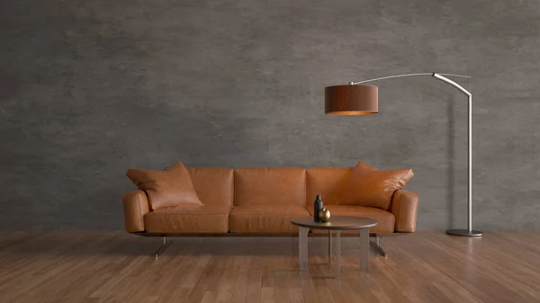 An elegant couch, small table, and lamp against gray wall in a house