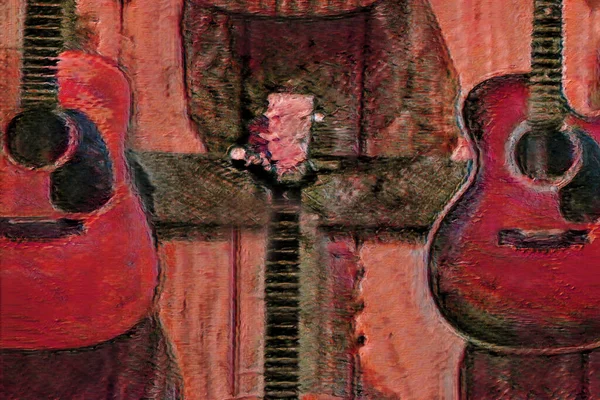 创意艺术吉他手音乐背景为红色 — 图库照片