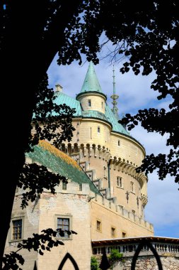Slovakya 'da ağaç siluetinden mavi kubbelerle Bojnice Kalesi' nin dikey görüntüsü