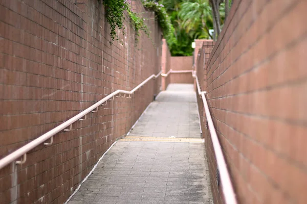 Eine Abschüssige Gasse Zwischen Backsteinmauern Mit Geländern Einem Park Hongkong — Stockfoto