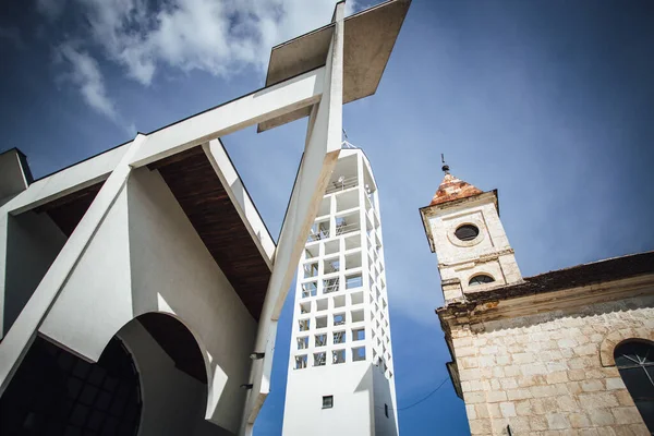 Low Angle Shot Church Tower Next Tall White Building — Stock Photo, Image