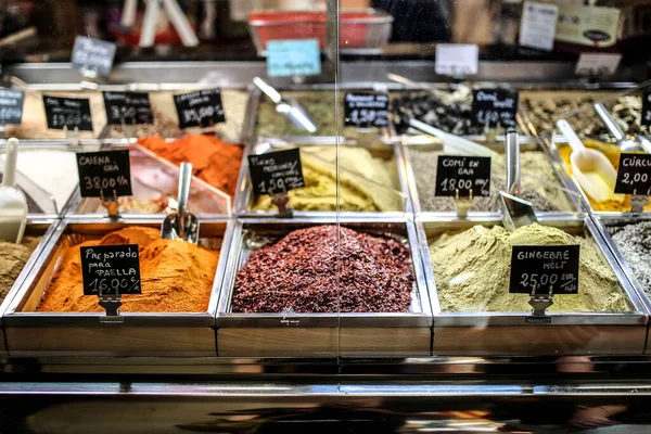 Close Várias Especiarias Mercado Alimentos Valência Espanha — Fotografia de Stock