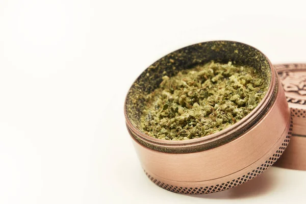 Grinder Cannabis Isolated White Background Space Text — Stock Photo, Image