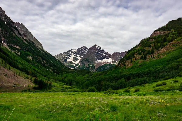 Une Belle Vue Sur Une Montagne Enneigée Arrière Paysage Verdoyant — Photo