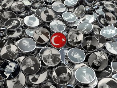 Türkiye bayrağına yakın çekim ve Mustafa Kemal Atatürk 'ün gri pullu simgeleri