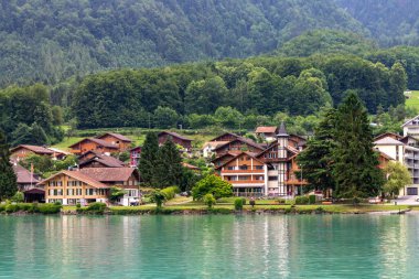 Brienz Gölü kıyısındaki geleneksel kır evleri. Interlaken, İsviçre.