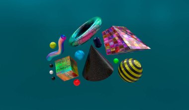 Mavi arkaplandaki farklı figürlerin üç boyutlu bir çizimi