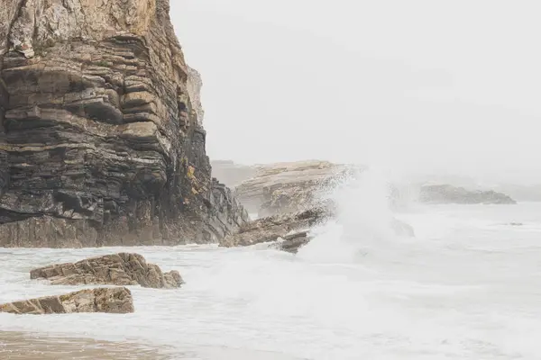 Waves Crashing Rocks Rainy Day Punta Corveira Lugo Galicia Spain — Stock Photo, Image