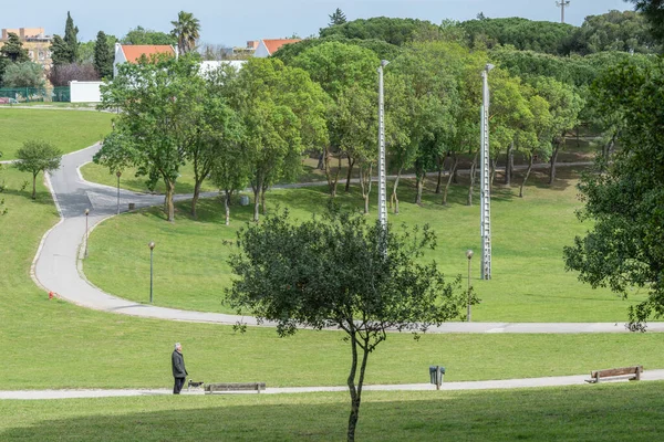Egy Idős Ember Kutyát Sétáltat Bela Vista Park Kertjében Lisszabonban — Stock Fotó