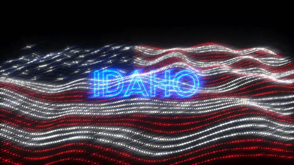 A waving flag of the USA with blue neon letters saying Idaho over a black background