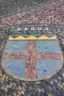 Freiburg, Almanya ve Avrupa 'daki Rathaus' un önündeki taş sokakta dikey bir arma atışı.