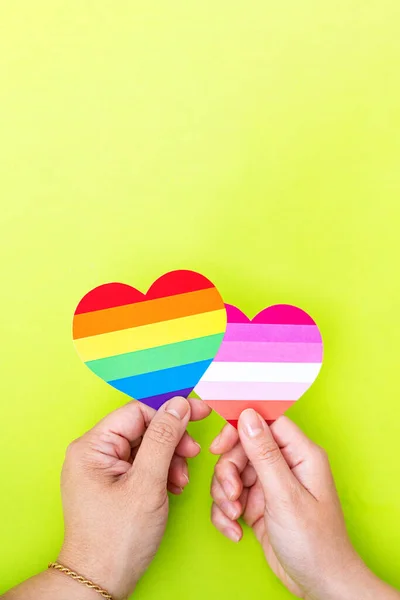 Dos Manos Sosteniendo Corazón Pintado Como Una Bandera Gay Lesbiana — Foto de Stock