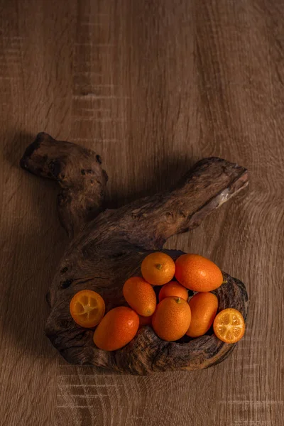 Close Small Chinese Oranges Kumquat Citrus Sinensis Root Tree Wooden — Stock Photo, Image