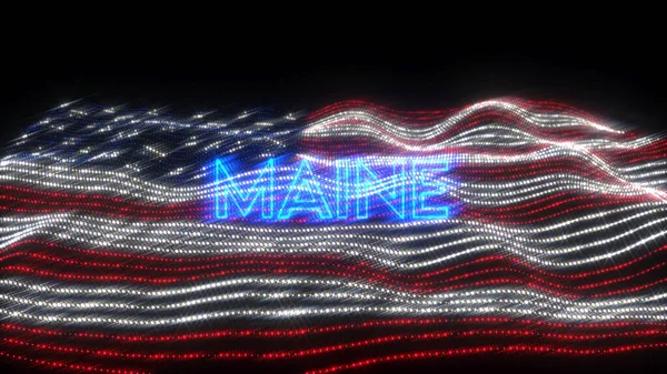 A waving flag of the USA with blue neon letters saying Maine over a black background