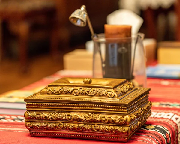 Closeup Golden Wood Jewelry Ornamented Box Red Tablecloth — Stock Photo, Image