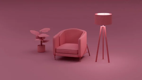 Illusztráció Egy Fotel Közelében Egy Lámpa Egy Növény Rózsaszín Alapon — Stock Fotó