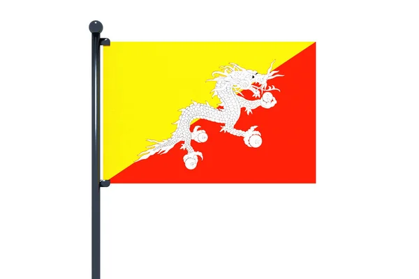 Zászló Bhután Egy Rúd Elszigetelt Fehér Alapon — Stock Fotó